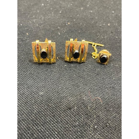 Vintage 70's Cuff Link Set With Matching Tie Clip Pin - Picture 2 of 7